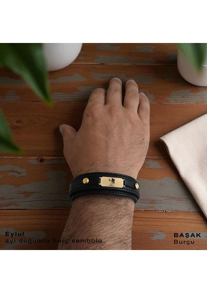 14 Ayar Altın Plakalı Başak Burçları Için Doğal Siyah Derili Oval Figürlü Hediye BILEKLIK-564BURÇ