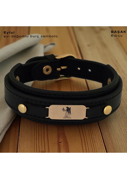 14 Ayar Altın Plakalı Başak Burçları Için Doğal Siyah Derili Oval Figürlü Hediye BILEKLIK-564BURÇ fiyatları