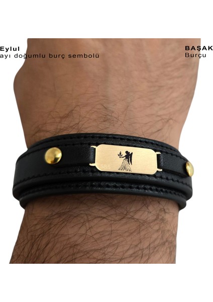 14 Ayar Altın Plakalı Başak Burçları Için Doğal Siyah Derili Oval Figürlü Hediye BILEKLIK-564BURÇ fırsatları