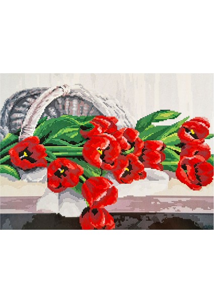Goblen Etamin İşleme Seti 40 x 50 cm Kırmızı Laleler Deseni