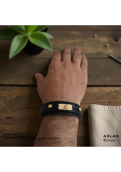 14 Ayar Plakalı Altın Ağustos Ayı Doğumlarına Doğal Siyah Derili Oval Figürlü Hediye BILEKLIK-564AY