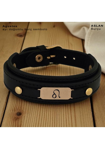 14 Ayar Plakalı Altın Ağustos Ayı Doğumlarına Doğal Siyah Derili Oval Figürlü Hediye BILEKLIK-564AY fiyatları