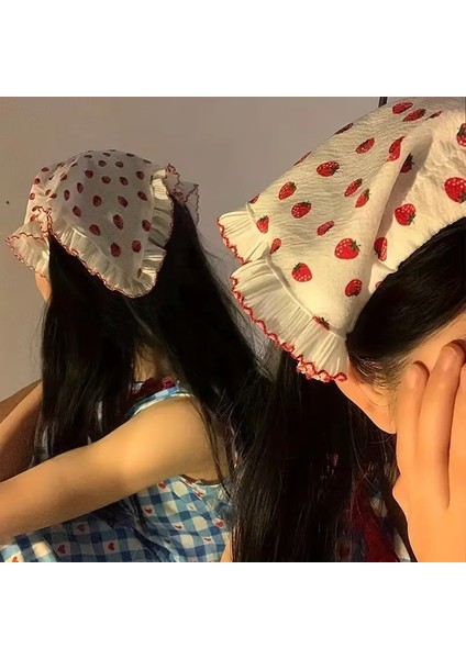 Çilek Desenli Fırfır Detaylı Bohem Taç,saç Bandı,eşarp Saç Aksesuarı