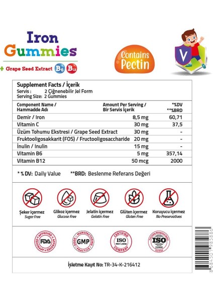 Kids Iron Vitamin C Vitamin B6 - B12 Fos 60 Gummies modelleri