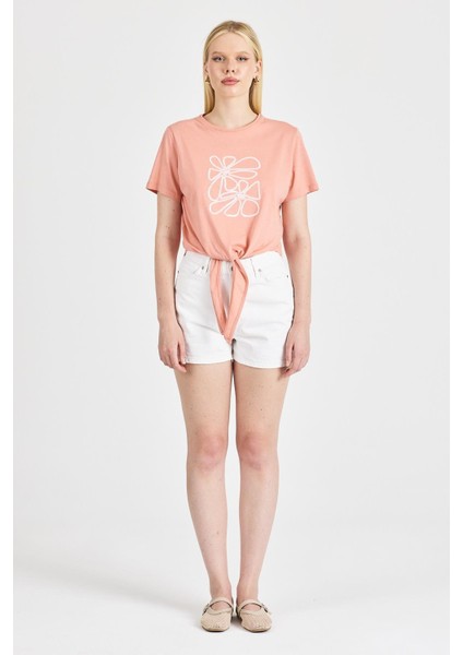 Kadın Bağlama Detaylı Somon Tişört