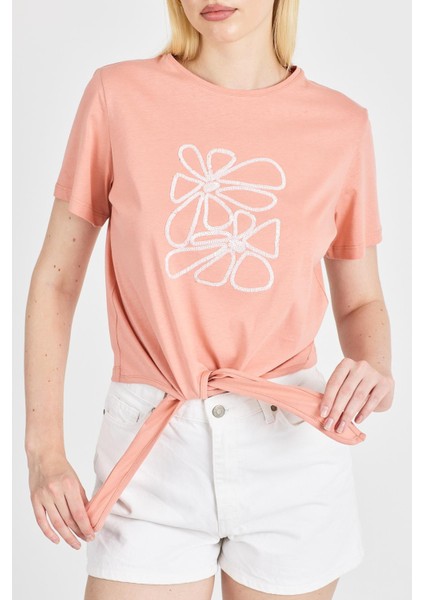 Kadın Bağlama Detaylı Somon Tişört indirimleri