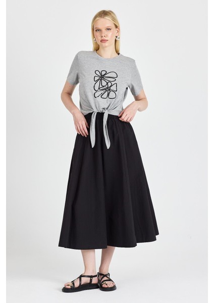 Kadın Bağlama Detaylı Gri Melanj Tişört fırsatları