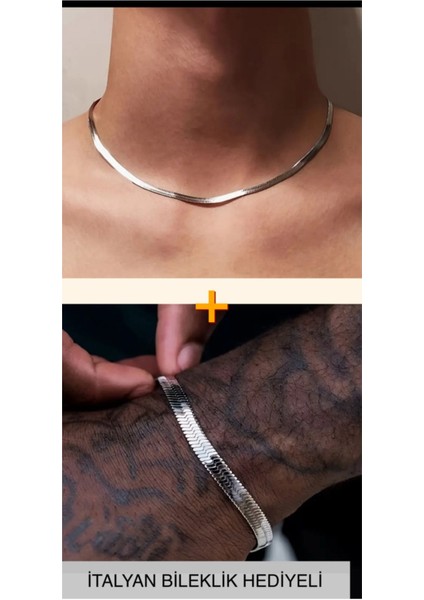 %100 Çelik Kararmaz Gümüş Renk Unisex 4 mm Italyan Yassı Yılan Kolye 4 mm Italyan Bileklik Hediyeli