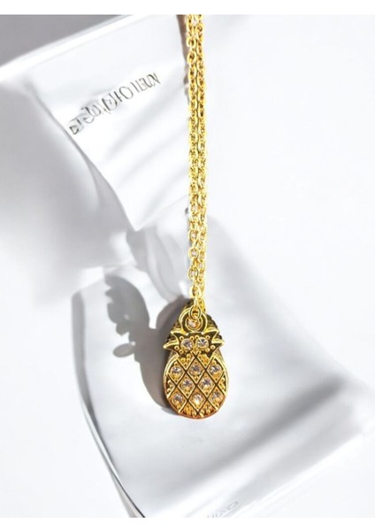 Minimal Zirkon Taşlı Ananas Motif Gold Çelik Kolye fiyatları