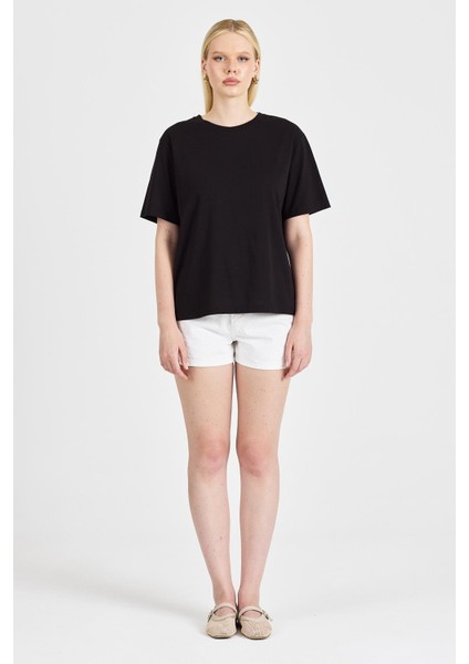 Kadın Sırt Detaylı %100 Pamuk Siyah Tişört