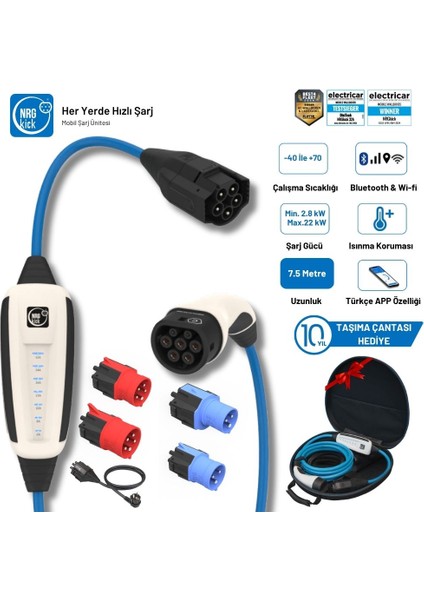 Çantalı Premium Plus Set 16A&32A 2.8-22KW 5m Ev Prizli Wifi+Bluetooth Monofaze & Trifaze Ac Mobil Şarj (Wallbox)