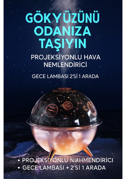 Projektörlü Yansıtmalı Çocuk Bebek Odası Gece Lambası Hava Nemlendirici Ikisi Bir Arada