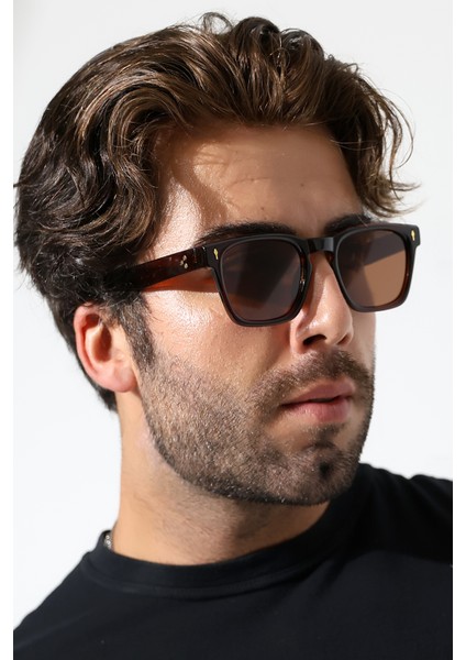 Unisex Aksesuarlı Kare Kahverengi Polarize Güneş Gözlüğü 23037 C3 P