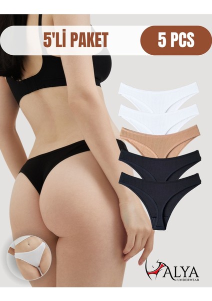 Kadın Fitilli Kumaş Tanga Külot Pamuklu, 2 Adet Siyah, 2 Adet Beyaz, 1 Adet Pudra, S