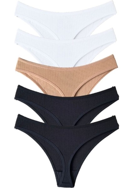Kadın Fitilli Kumaş Tanga Külot Pamuklu, 2 Adet Siyah, 2 Adet Beyaz, 1 Adet Pudra, S