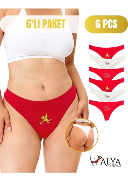Kadın Baskılı Tanga Külot, Kırmızı String, 6'lı Paket, L