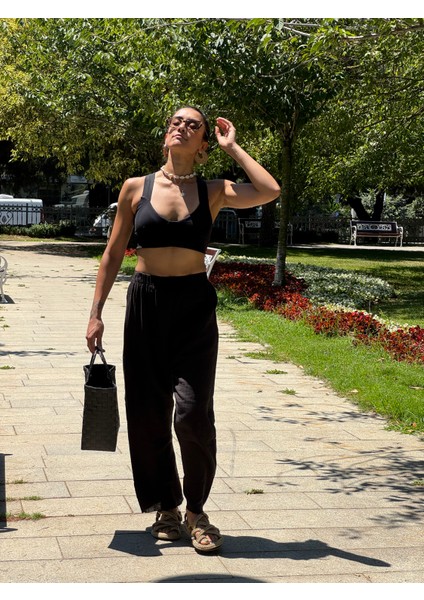 Siyah Müslin %100 Pamuk Şalvar Pantolon Kadın Günlük Bohem Tarz Rahat