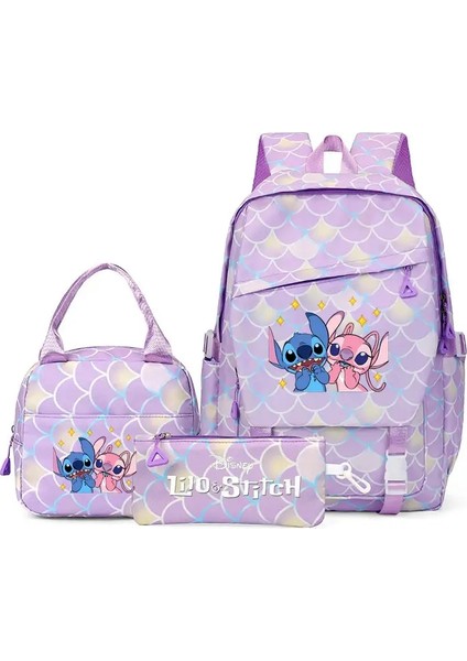 Lilo Stitch 3pcs/set Sırt Çantası Kapasitesi Öğrenciler Sırt Çantası Kawaıı Naylon Çift Omuz Çantası Moda Seyahat Koleji Mochilas Renk: Mor (Yurt Dışından)