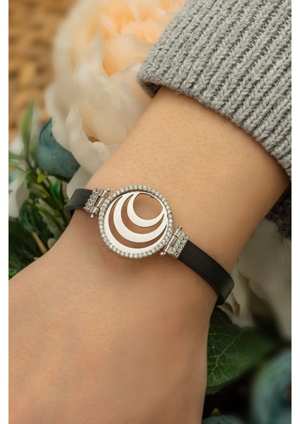 Deri Kordonlu Zirkon Halka Üçlü Kuşak Halka Bileklik 925 Ayar Gümüş