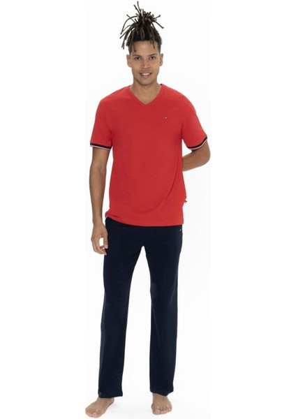 Büyük Beden Erkek Kırmızı Yarım Kollu V Yaka Pijama Takım