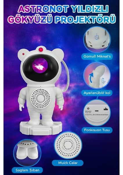 Astronot Tasarımlı Galaxy Projektör – Bluetooth Hoparlörlü Yıldızlı Gece Lambası |hayal Gücünü Geliştiren Oda Dekoru fiyatları