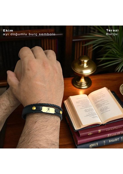 14 Ayar Plakalı Altın Terazi Burçları Için Oval Motifli Hakiki Siyah Derili Hediye BILEKLIK-563BURÇ