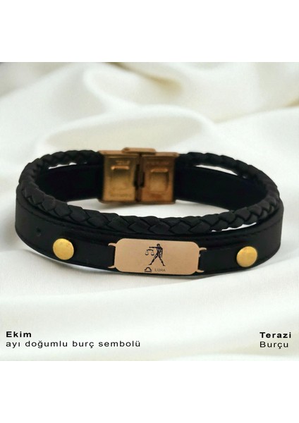 14 Ayar Plakalı Altın Terazi Burçları Için Oval Motifli Hakiki Siyah Derili Hediye BILEKLIK-563BURÇ fiyatları