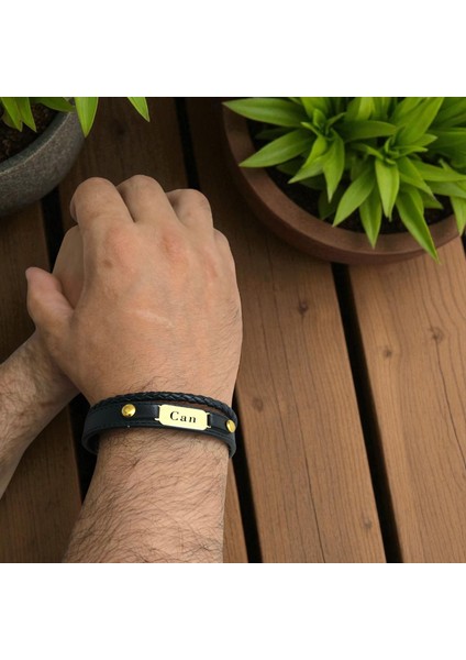 14 Ayar Plakalı Altın Can Ismine Özel Oval Motifli Hakiki Siyah Derili Hediye BILEKLIK-563ISIM