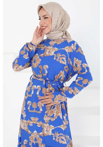 Desenli Kuşaklı Elbise Saks - 27429