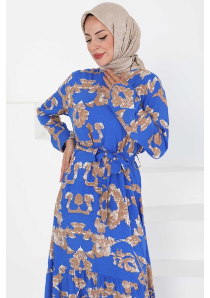 Desenli Kuşaklı Elbise Saks - 27429 modelleri
