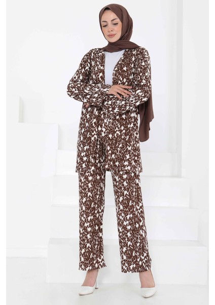 Desenli Kimono Takım Kahve - 27132