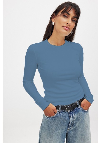 Kadın Açık Indigo Uzun Kollu Bisiklet Yaka T-Shirt Bluz Kaşkorse Fitilli