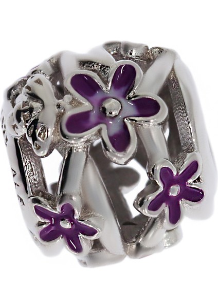 Kadın Mor Çiçeklerle Çevrili Gümüş Top Charm