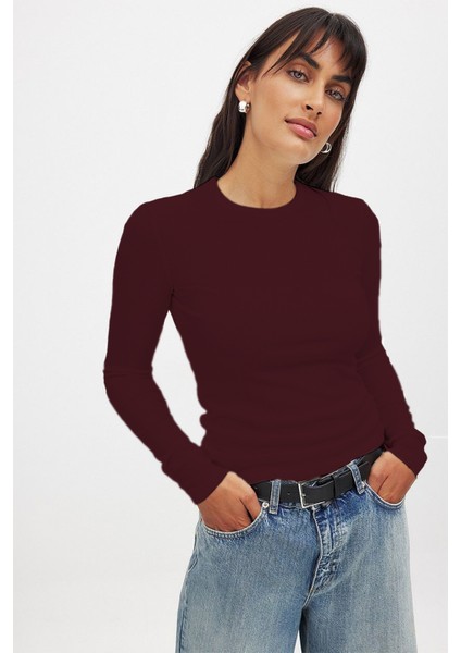 Kadın Bordo Uzun Kollu Bisiklet Yaka T-Shirt Bluz Kaşkorse Fitilli