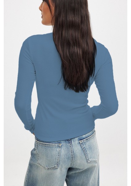 Kadın Açık Indigo Uzun Kollu Bisiklet Yaka T-Shirt Bluz Kaşkorse Fitilli fiyatları