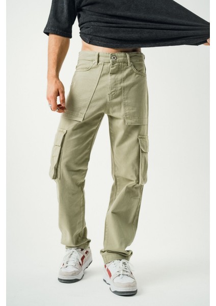Erkek Haki Kargo Cep Baggy Pantolon