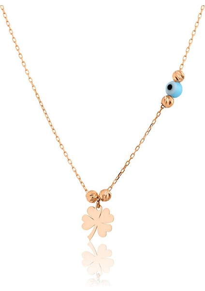 925 Ayar Gümüş Yonca Motifli Rose Altın Kaplama Dorica Toplu, 0,01 Karat Taşlı Kolye