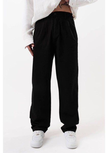 Siyah Baggy Bol Pantolon Keten Görünümlü