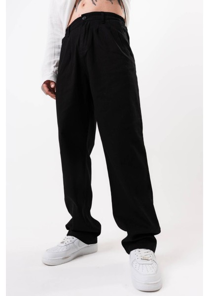 Siyah Baggy Bol Pantolon Keten Görünümlü fırsatları