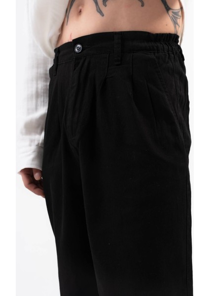 Siyah Baggy Bol Pantolon Keten Görünümlü