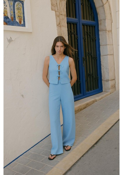 Wide Leg Geniş Paça Beli Lastikli Basic Düz Bürümcük Pantolon Takım