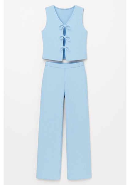 Wide Leg Geniş Paça Beli Lastikli Basic Düz Bürümcük Pantolon Takım modelleri