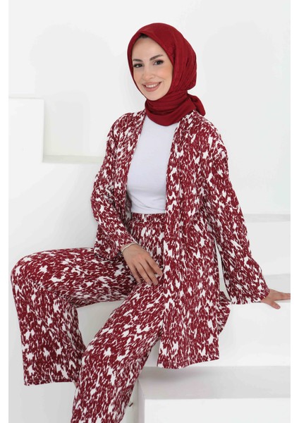 Desenli Kimono Takım Bordo - 27132