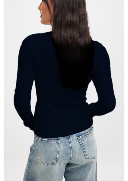 Kadın Lacivert Uzun Kollu Bisiklet Yaka T-Shirt Bluz Kaşkorse Fitilli fiyatları