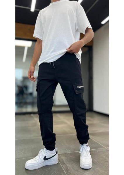 Erkek Siyah Kargo Cepli Jogger Pantolon
