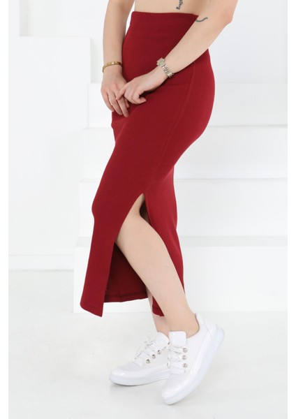 Yırtmaçlı Etek Bordo - 27233
