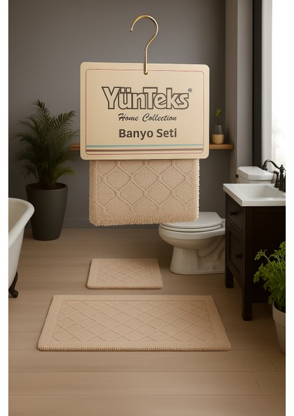 Pamuk Makarna Tufting 2'li Klozet Takımı , Banyo Seti , Banyo Paspas Seti , Su Emici ,deniz Kabuğu Desen