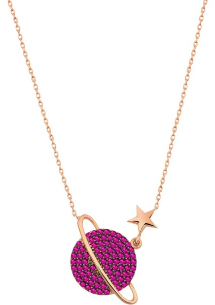 Fuşya Taşlı Gezegen Kolye Rose Altın Kaplama 925 Ayar Gümüş Kadın Kolye