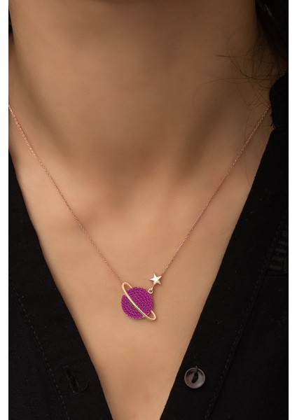 Fuşya Taşlı Gezegen Kolye Rose Altın Kaplama 925 Ayar Gümüş Kadın Kolye fiyatları