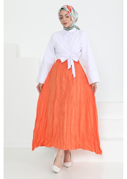 Beli Lastikli Kırışık Etek Oranj - 27013